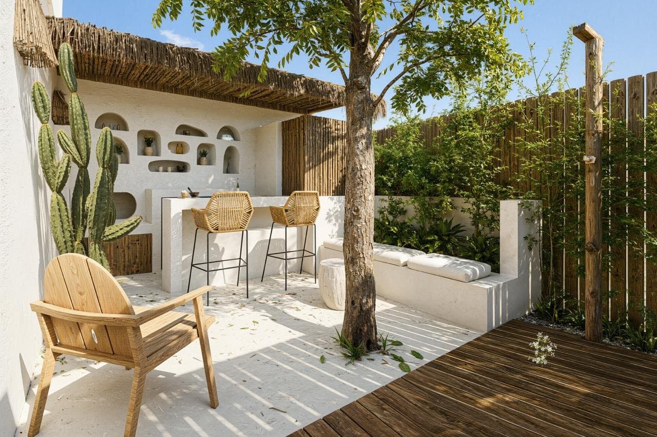 Área gourmet ao ar livre: bancada branca sob cobertura de palha, banquetas de fibra e a árvore no meio do deck